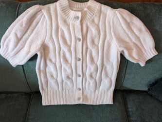 White, Wool Short Sleeve Puff Woven Vintage Style Sweater With Fancy Buttons