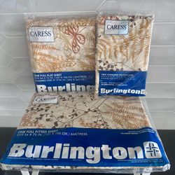 Vintage Burlington Shadow Fern Browns Full size Sheet Set Flat Fitted 2 Cases in New Pkg Boho hippie nature  All items are new in plastic packages