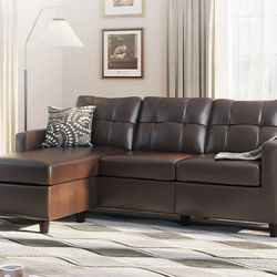 Faux-leather brown sectional. READ DESCRIPTION