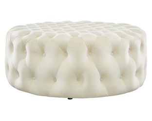 Cream Velvet Tufted Round Ottoman - New in the Box