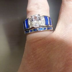 Size 7 Top Quality WEDDING RING SET Silver With Blue And Round Clear Stone Di
