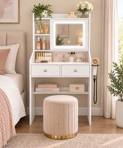 White Vanity Desk with LED Mirror