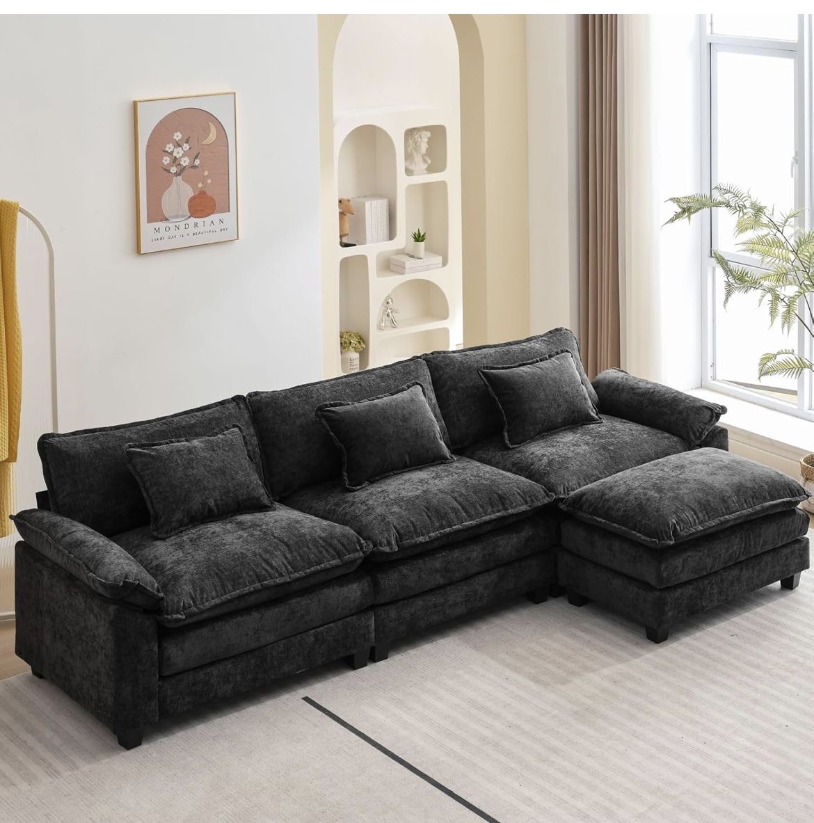 NEW - 120" Modular Sectional Sofa, Comfy Cloud Couch Sectional Sofa with Ottoman, Chenille Sofa Sleeper Deep Seat Sofa for Living R
