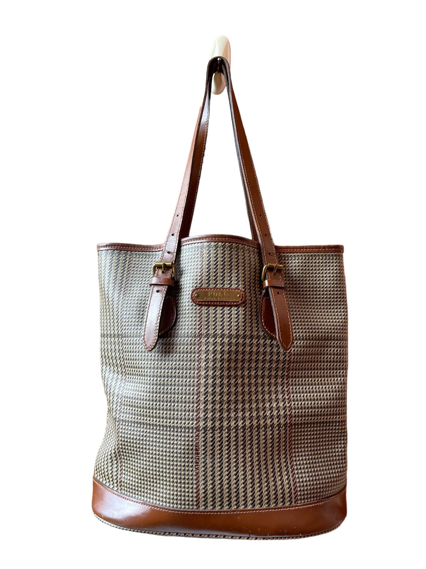Vintage Polo Ralph Lauren Houndstooth Coated Canvas Leather Tote Bag Purse