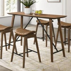 Brand New Walnut Mid Century Modern Style 5pc Counter Height Dining Table Set 
