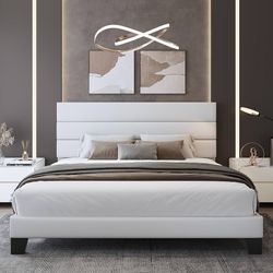 New WEEWAY King Bed Frame Platform Bed with Velvet Upholstered Headboard and Wooden Slats Support, Heavy Duty Mattress Foundation, No Box Spring Neede