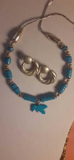 Handmade TURQUISE HUMMINGBIRD PENDANT NECKLACE & STERLING HOOPS 925