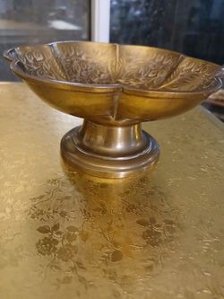 Vintage Etched brass compote scalloped edge pedestal dish