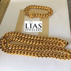 New 18k Yellow Gold Cuban Link Chain And Bracelet 