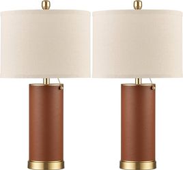 2 Tall Brown Leather Table Lamps