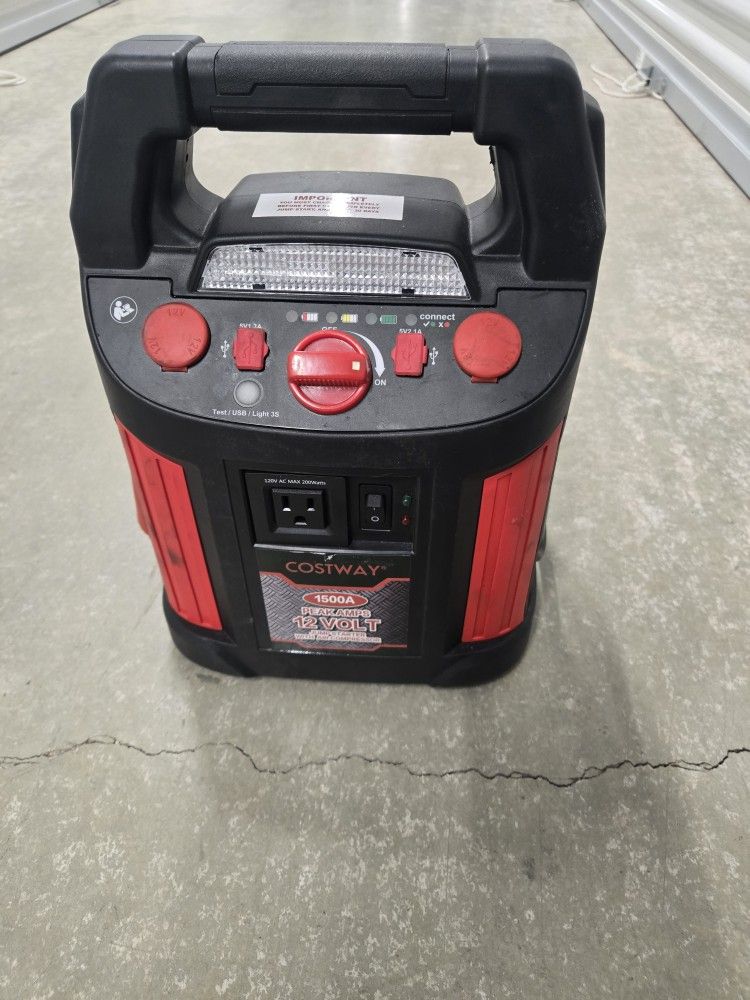 Jump Starter 1500A peak Air Compressor Power Bank Charger w/ LED Light & DC Outlet