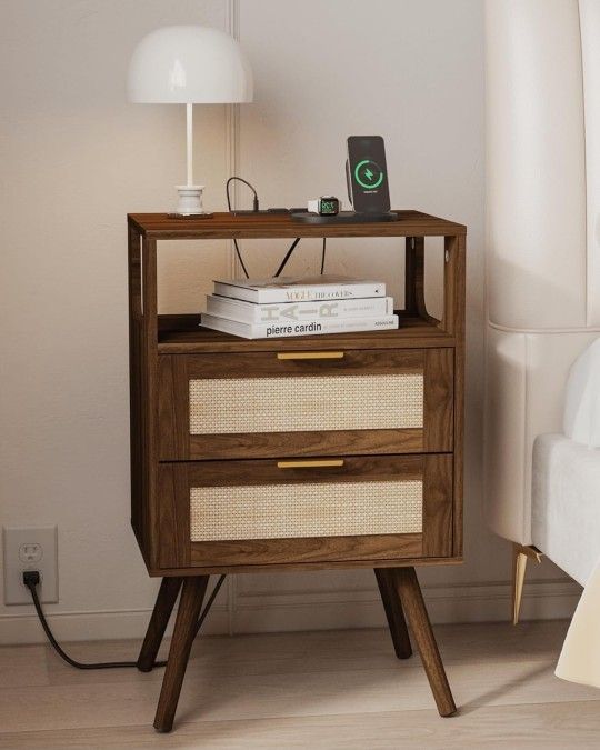 Rattan Nightstand with Charging Station,Farmhouse Bedside Table with 2 Storage Drawer and Open Wood Shelf, for Bedroom and Small Spaces,Night Stand wi