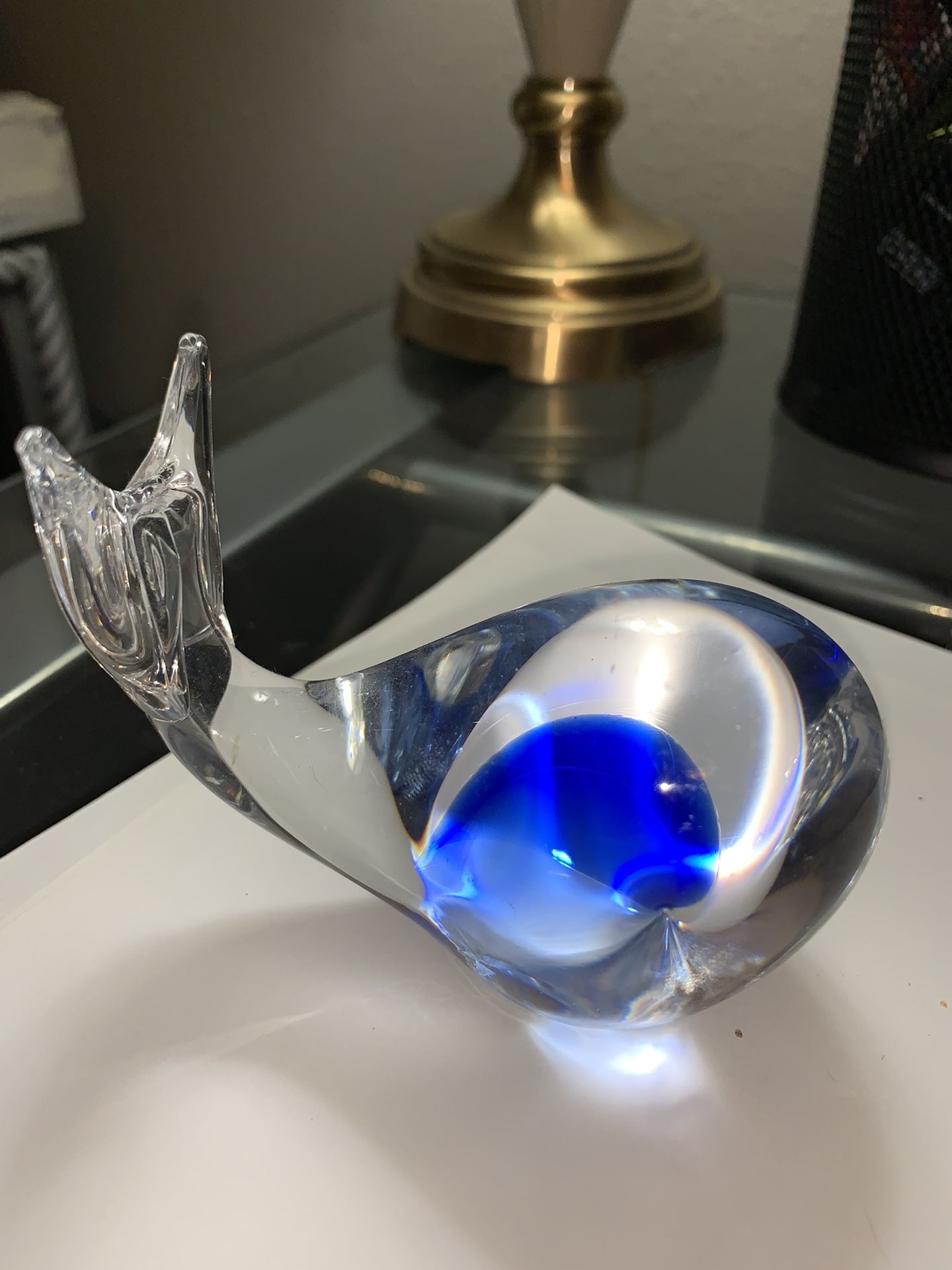 Signed Glass Whale Paperweight Decor