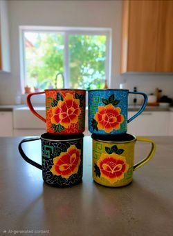 Vintage Hand-painted Kashmiri Floral Enamelware Mugs, Stainless Steel Set Of 4