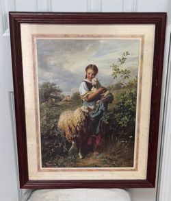 Framed Shepherdess with Lamb Print – After Hofner 1866 Pastoral Painting