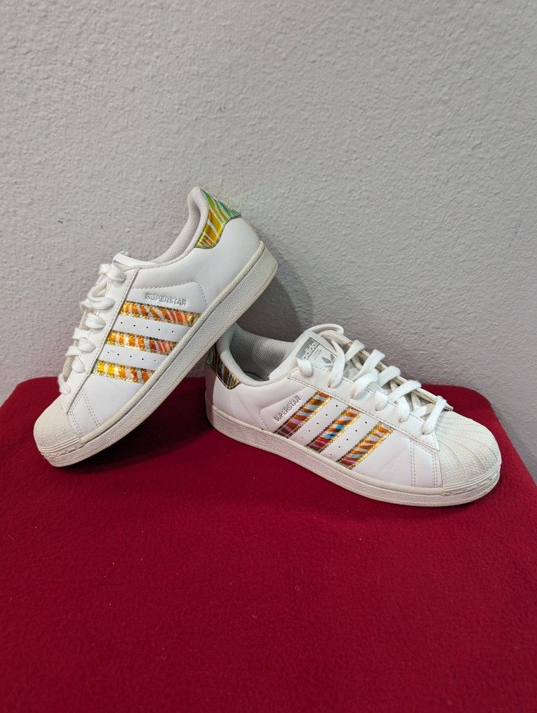 Adidas Superstar White Leather Iridescent Animal Print Zebra Size 6 Men's 7-women