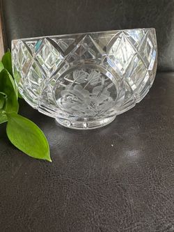 Crystal Cut & Etched Floral Diamond Pattern Footed 5" Decorative Candy Bowl 1980s