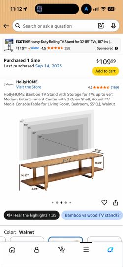 HollyHOME 55” Bamboo TV Stand / Media Console – Walnut