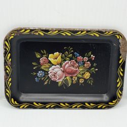Vintage Tole Metal Trays Black Hand Painted Flowers Roses Small 6.5”x4.5”