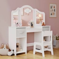 White Kids Vanity Table With Chair 