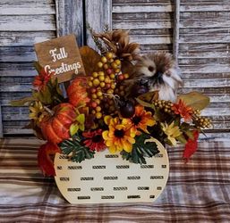 Ht-10in width-13in HANDMADE artificial Fall arrangement in a metal container with owl /sign-Fall greetings