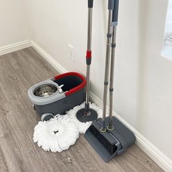 $35 Brand New (Combo Set) Broom Dustpan & Spin Mop Wheels Extended Handle with 2pc Microfiber Mop Heads 