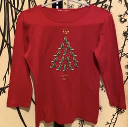 Karen Scott Women’s Red Christmas Tree Holiday Stilettos Top W/Metallic Details