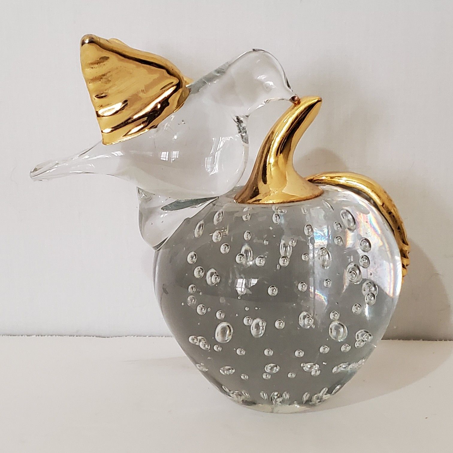 Vintage Clear Art Glass Apple Bird Gold Highlight Paperweight