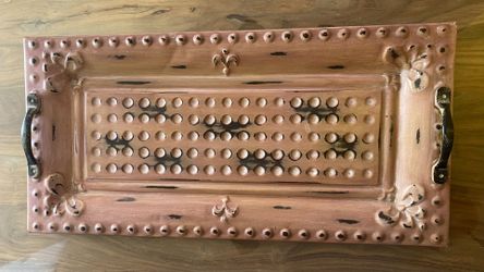 Metal Serving Tray With Handles Distressed Fleur De Lis
