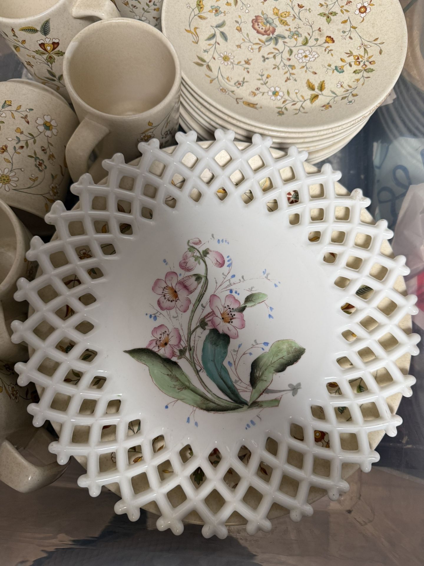 Vintage Challinor Taylor Milk Glass Lattice Edge Floral Plate