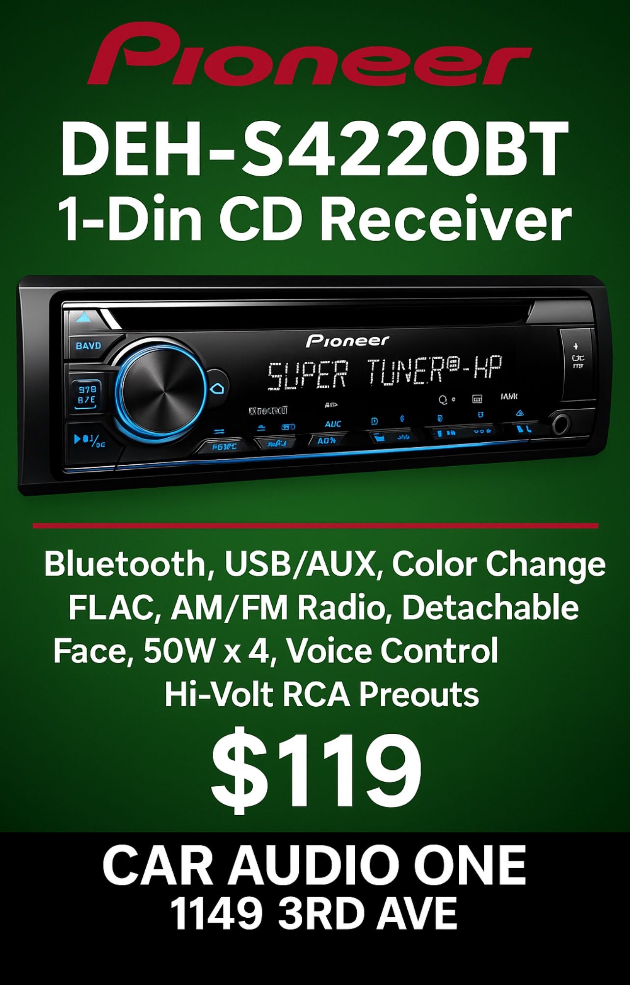 Pioneer DEH-S4220BT 1-Din CD Receiver – Bluetooth, USB/AUX, Color Change, FLAC, AM/FM Radio, Detachable Face, 50W x 4, Voice Control, Hi-Volt RCA Preo