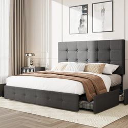 Queen Size Platform Bed Frame with Square-stitched Headboard and 4 Drawers, Dark Gray