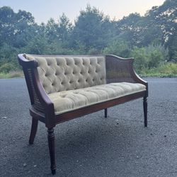 Vintage Caned Tufted Upholstered Settee Loveseat Chesterfield