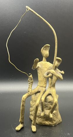 Vintage Bronze “Fish On A Line” Sculpture Father/Son  