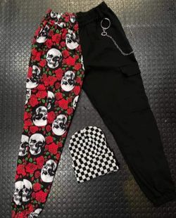 Bicolor Pants Skull Goth  Sweatpants 