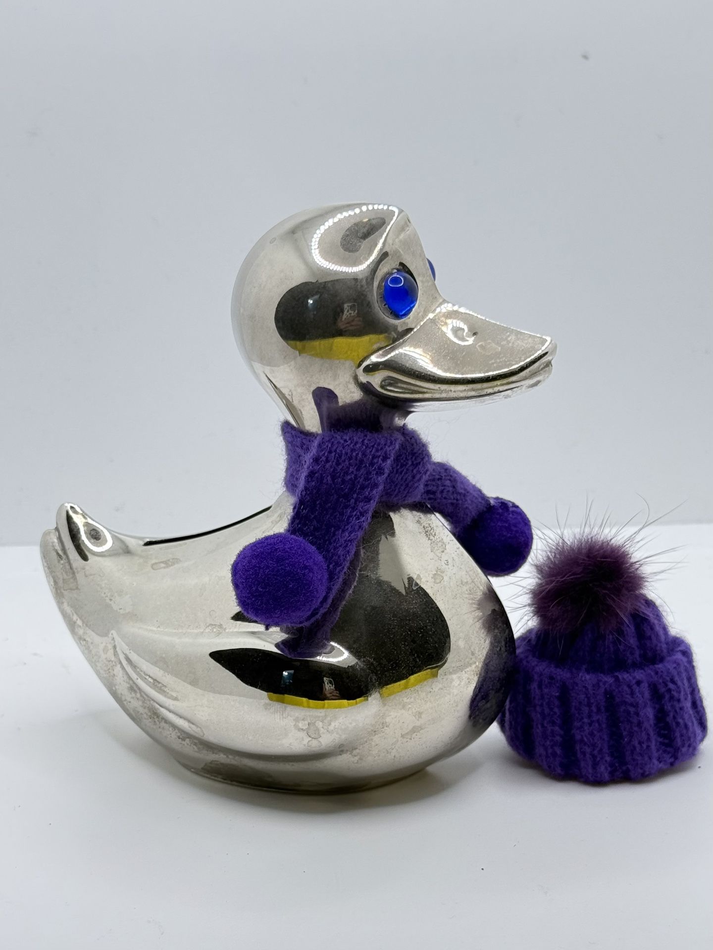 Leonard Silver Plated Duck Coin Bank Blue Scarf/hat