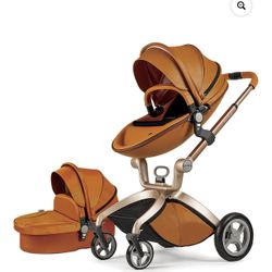 Hot Mom Baby Stroller Reversible Luxury PU Leather Pram,Brown 