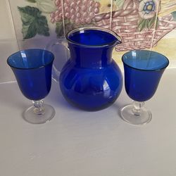 Cobalt Blue Glass Pitcher With Set Of Goblets