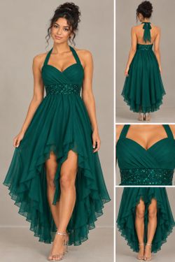 Emerald Green Halter High-Low Formal Dress