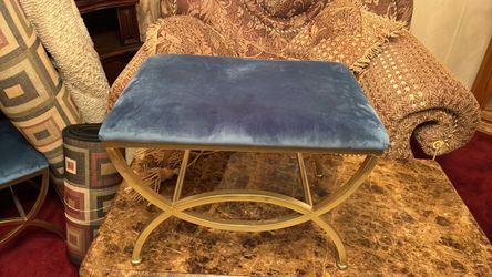 Blue Velvet Ottoman with Gold Metal Base