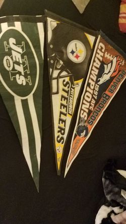 Three NFL Pennants Jets,Steelers ,Broncos