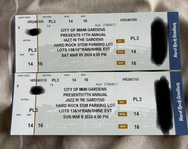 Jazz In The Gardens 2 Day Tickets platinum Section $400 Per Ticket