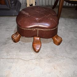 Vintage Leather and Wood Footstool with Claw Feet