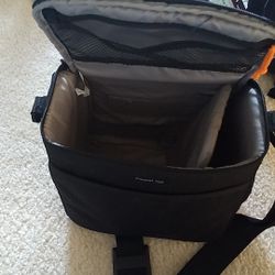 Lowepro camera bag (model: Format 160). Not very large, but call hold an SLR & 1 lens.