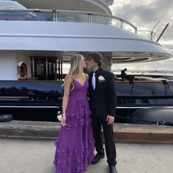 Purple maxi prom dress, 3 sets of ruffles, zip up on the side size 1-2