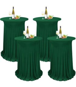 REWOMC 4 Packs Round Cocktail Table Skirt 32"X 43" Spandex Stretch Cocktail Tablecloth With Wavy Drapes, Dark Green Spandex Fitted High Top Table Cove