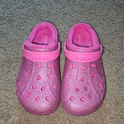 Crocs Kids J3 Pink Glitter Lined Clogs Fuzzy Winter Shoes