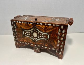 Antique 19th C. Ottoman Style Wooden Hand Crafted Mother of Pearl and Copper Box