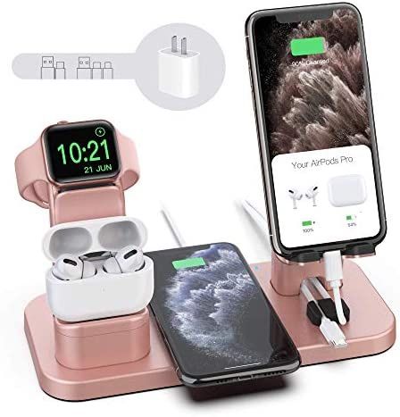 4 in 1 Wireless Charger Stand for Smart Phones, Watches & AirPods in Rose Gold