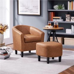 Accent Chair with Ottoman Footstool, PU Leather Modern Upholstered Soft Barrel Chair